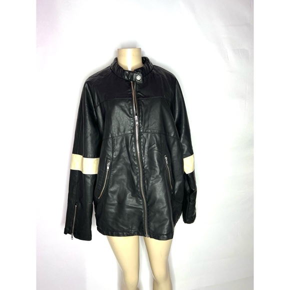 FREE PEOPLE BLACK VEGAN LEATHER JACKET WITH RACE STRIPES SIZE XL - Picture 2 of 5